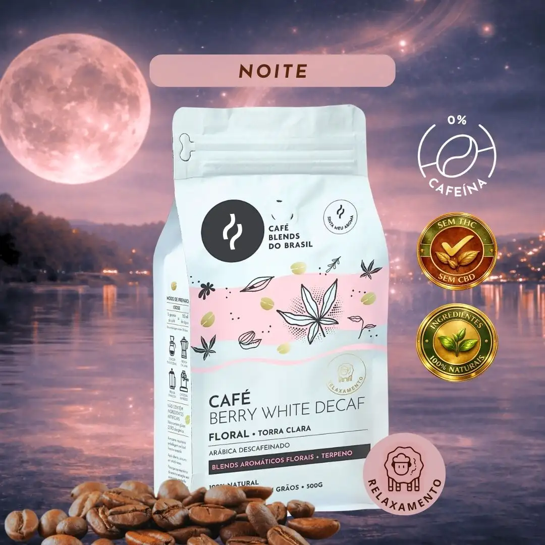 CBDBR Café Sensorial NOITE Descafeinado - Berry White Grãos 500g - Cacau e Nozes + Terpeno Berry White