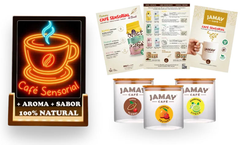 Suporte para vender mais: Placa Sensorial; 
Material de apoio; 
Reposição simples; 
Degustadores de aroma; 
Frete facilitado; 
Ação de degustação